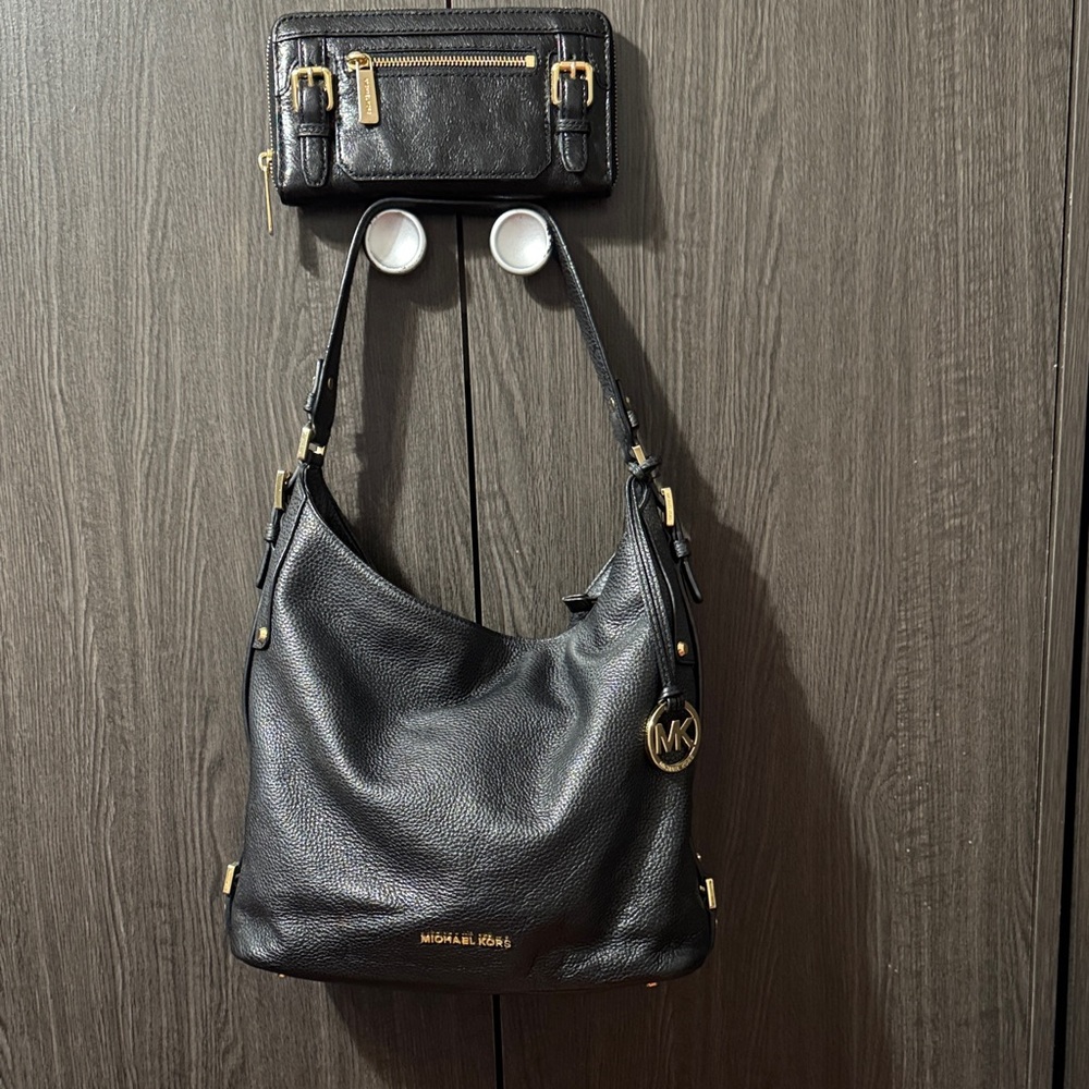 Michael Kors Black Leather Hobo Bag with Gold Accents + matching wallet